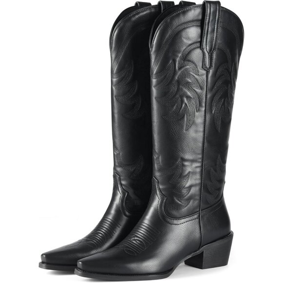 🆕Women's Black Calf High Pointed Toe And Block Heel Suede And Faux Leather Boot - Picture 9 of 10